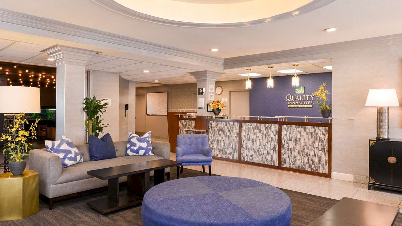 This image shows a hotel lobby with a reception desk, seating area with couches and chairs, blue and white decor, and modern lighting and furnishings.