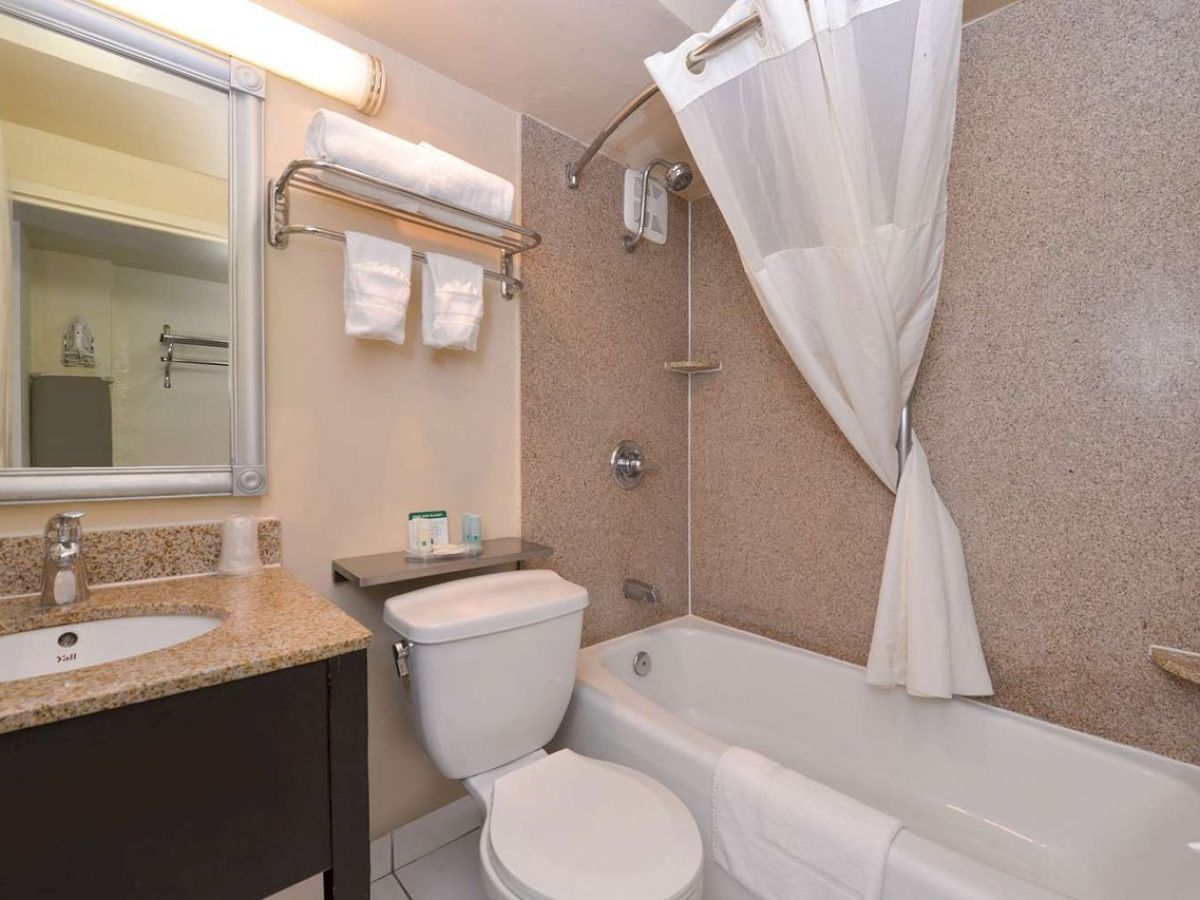 A clean, modern bathroom with a sink, mirror, toilet, and bathtub. Towels are hung on a rack above the toilet, and toiletries are on the counter.