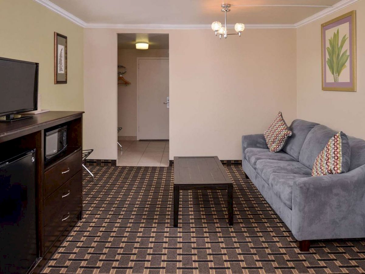 The image depicts a living room with a gray couch, patterned pillows, a coffee table, a TV on a stand, and a framed picture on the wall.