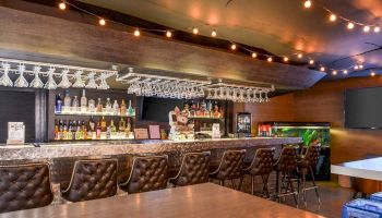 This image shows a cozy bar with a row of cushioned bar stools, glasses hanging overhead, and various bottles displayed on shelves, illuminated by string lights.