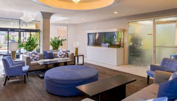 A modern, well-furnished living room with blue and grey furniture, a large round ottoman, and an aquarium near a glass door.