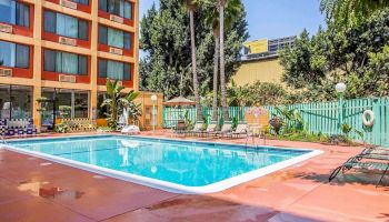 The image depicts an outdoor swimming pool area adjacent to a multi-story building with palm trees and lounge chairs, surrounded by greenery and a fence.