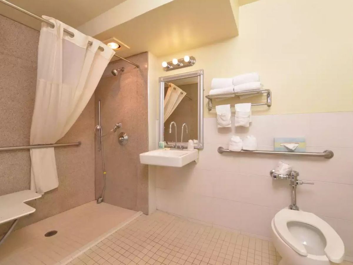 The image shows an accessible bathroom with a shower, toilet, sink, and various supports and handles, along with towels neatly arranged.